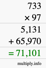 How to calculate 733 times 97 using long multiplication
