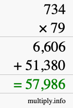 How to calculate 734 times 79 using long multiplication