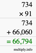 How to calculate 734 times 91 using long multiplication