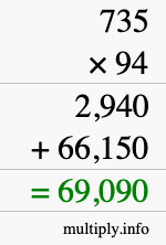 How to calculate 735 times 94 using long multiplication
