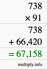 How to calculate 738 times 91 using long multiplication