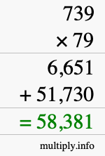 How to calculate 739 times 79 using long multiplication