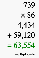 How to calculate 739 times 86 using long multiplication