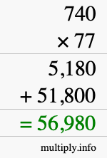 How to calculate 740 times 77 using long multiplication