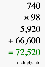 How to calculate 740 times 98 using long multiplication