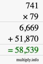 How to calculate 741 times 79 using long multiplication