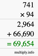 How to calculate 741 times 94 using long multiplication