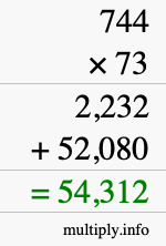 How to calculate 744 times 73 using long multiplication