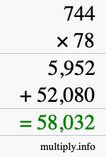 How to calculate 744 times 78 using long multiplication