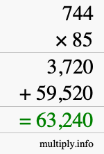 How to calculate 744 times 85 using long multiplication
