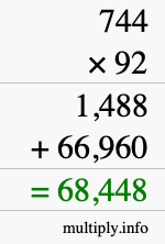 How to calculate 744 times 92 using long multiplication