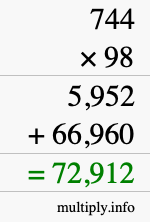How to calculate 744 times 98 using long multiplication