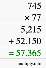 How to calculate 745 times 77 using long multiplication