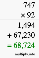 How to calculate 747 times 92 using long multiplication