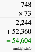 How to calculate 748 times 73 using long multiplication