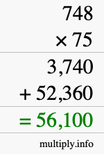 How to calculate 748 times 75 using long multiplication