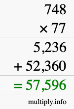 How to calculate 748 times 77 using long multiplication