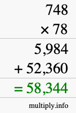 How to calculate 748 times 78 using long multiplication