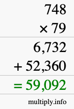 How to calculate 748 times 79 using long multiplication
