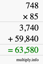 How to calculate 748 times 85 using long multiplication