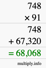 How to calculate 748 times 91 using long multiplication