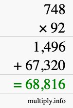 How to calculate 748 times 92 using long multiplication