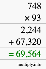 How to calculate 748 times 93 using long multiplication