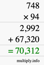 How to calculate 748 times 94 using long multiplication