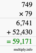 How to calculate 749 times 79 using long multiplication