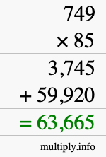 How to calculate 749 times 85 using long multiplication