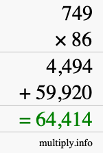How to calculate 749 times 86 using long multiplication