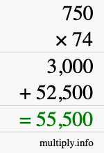 How to calculate 750 times 74 using long multiplication