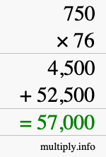How to calculate 750 times 76 using long multiplication