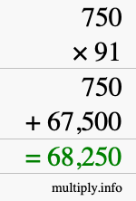 How to calculate 750 times 91 using long multiplication
