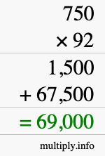 How to calculate 750 times 92 using long multiplication