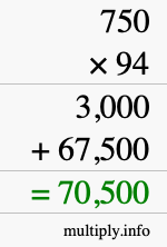 How to calculate 750 times 94 using long multiplication