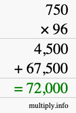 How to calculate 750 times 96 using long multiplication