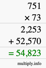 How to calculate 751 times 73 using long multiplication