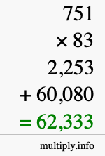 How to calculate 751 times 83 using long multiplication