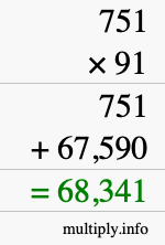 How to calculate 751 times 91 using long multiplication
