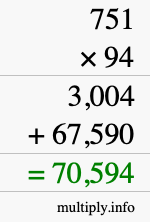 How to calculate 751 times 94 using long multiplication