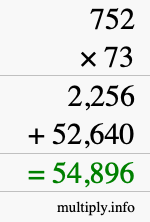 How to calculate 752 times 73 using long multiplication