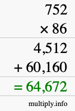 How to calculate 752 times 86 using long multiplication