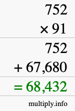 How to calculate 752 times 91 using long multiplication