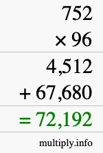 How to calculate 752 times 96 using long multiplication