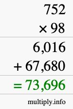 How to calculate 752 times 98 using long multiplication
