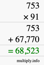 How to calculate 753 times 91 using long multiplication