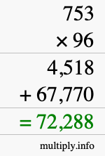 How to calculate 753 times 96 using long multiplication