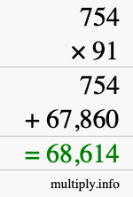 How to calculate 754 times 91 using long multiplication