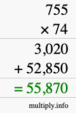 How to calculate 755 times 74 using long multiplication